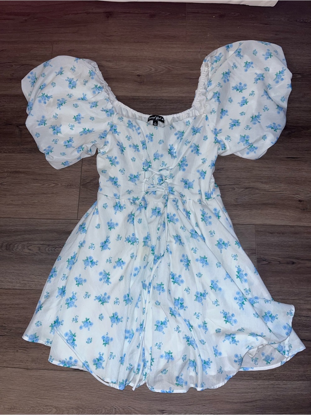 Floral Puff-Sleeve' Dress - White with Blue Floral